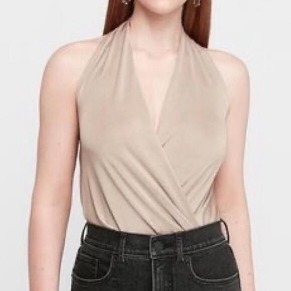 Express Shiny Halter Neck Wrap Front Bodysuit Thong Tan Gold Size M - Picture 1 of 6